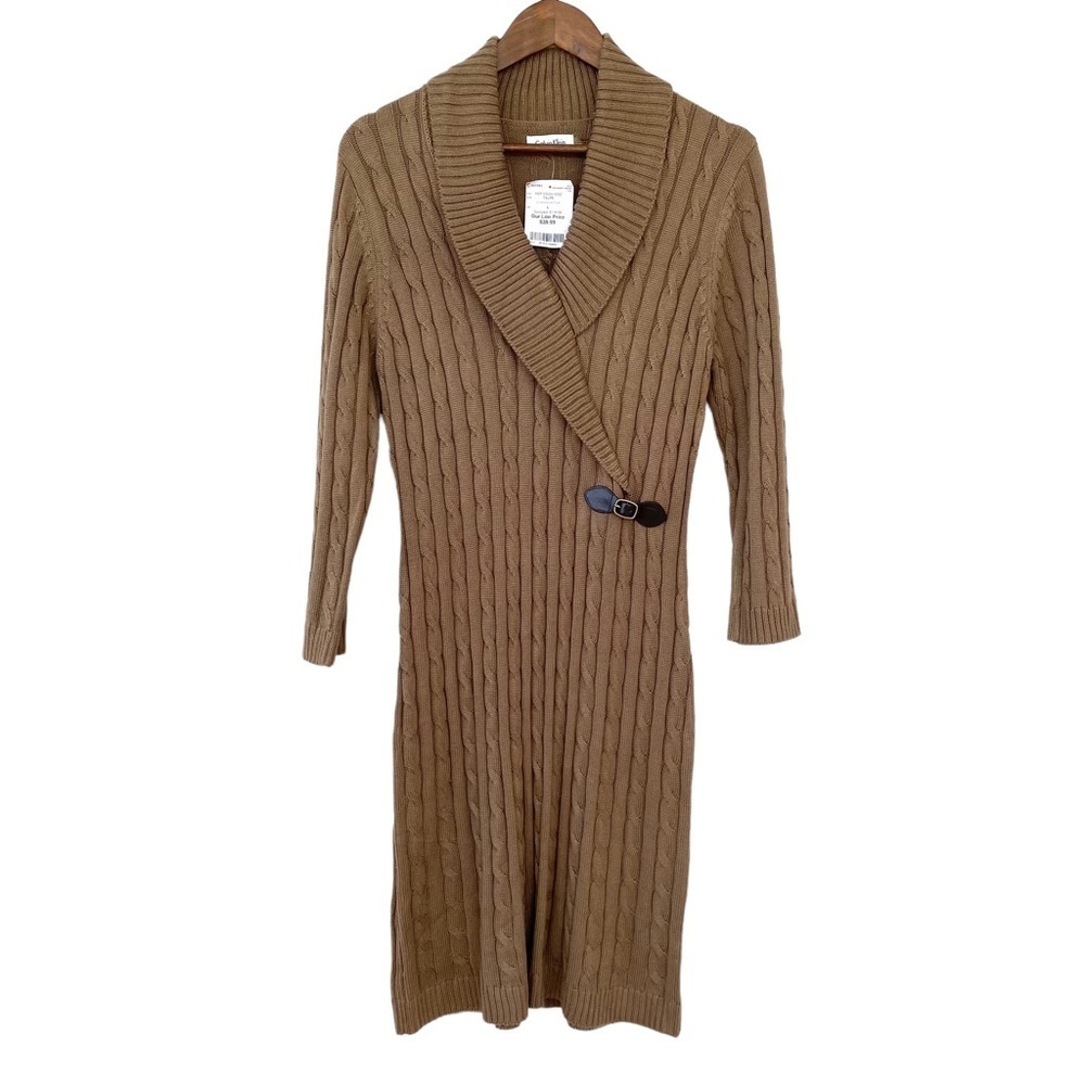 Calvin Klein cable  knit sweater dress with shawl collar, 3/4 sleeves, midi, NWT